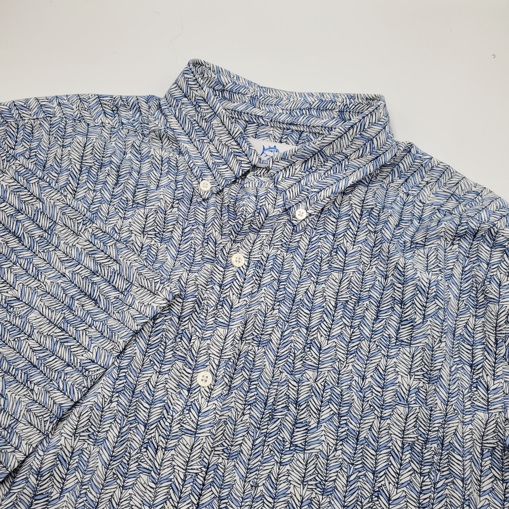Southern Tide Mens Blue White Leaf Print Performance Short Sleeve Shirt M